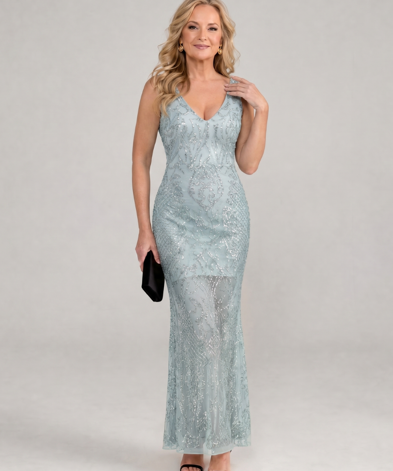 Sirea | Rochie Midi fără Mâneci cu Paiete și Panou Transparent
