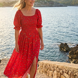 Delphine | Rochie Midi Florală cu Decolteu Pătrat și Mânecă Bufantă