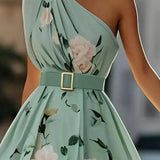 Anna | Rochie Maxi Florală Verde Deschis cu Un Umăr