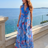 Nori | Rochie Maxi Halter cu Corset Încrețit și Imprimeu Floral