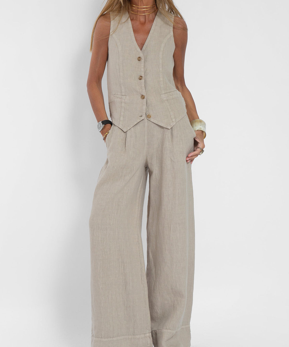 Jessica - Set Vestă cu Nasturi și Pantaloni Largi