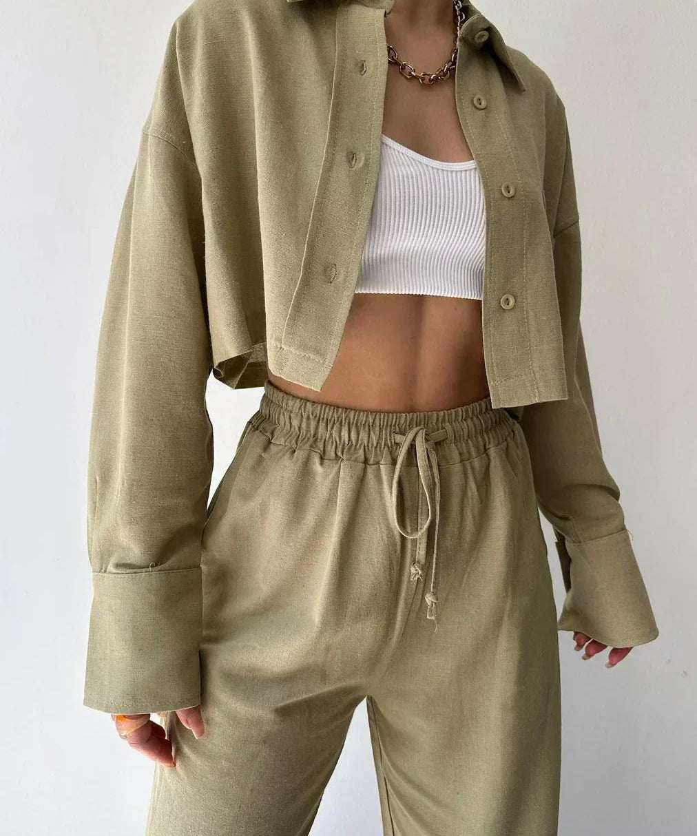 Set de pantaloni din două piese cu guler și șnur, casual