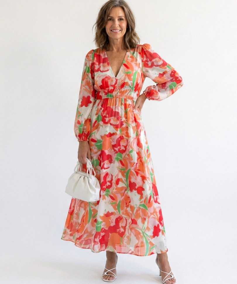 Althea | Rochie Maxi Florală cu Mânecă Lungă