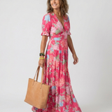 Ione | Rochie Maxi Florală cu Decolteu în V și Mânecă Scurtă