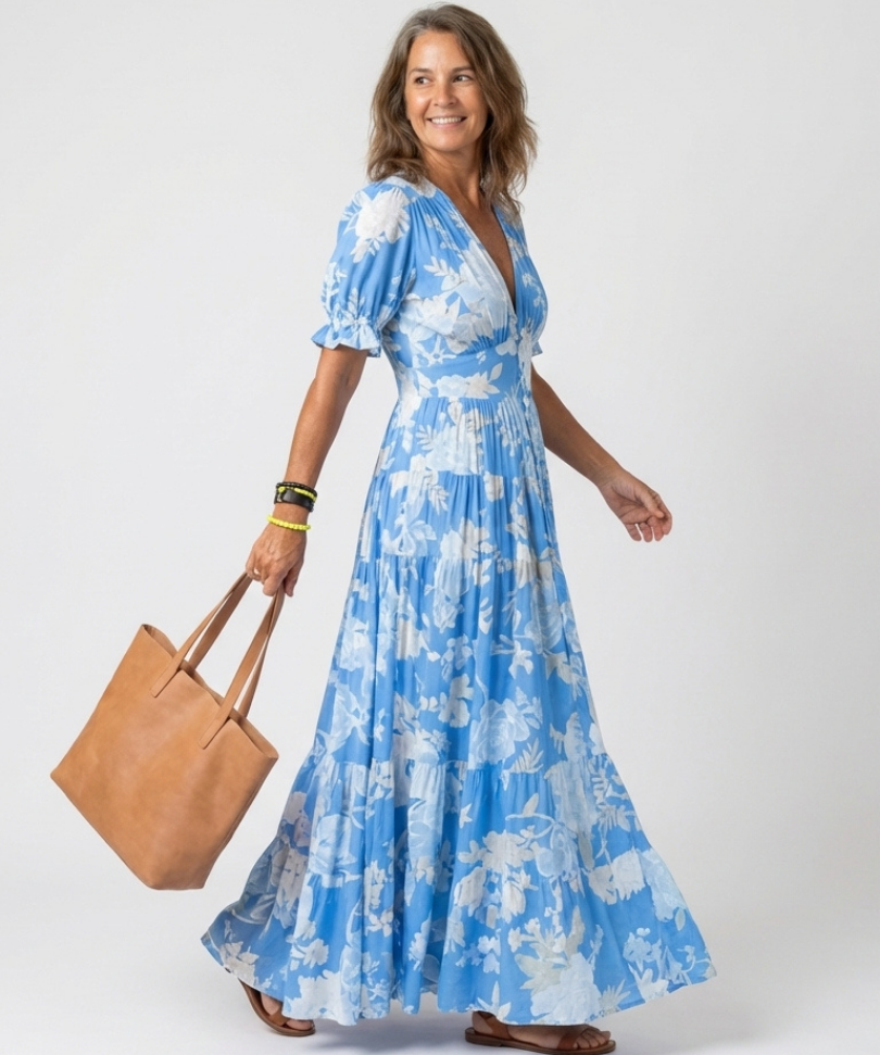 Ione | Rochie Maxi Florală cu Decolteu în V și Mânecă Scurtă