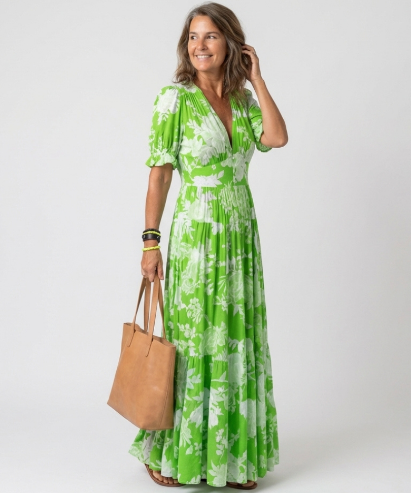 Ione | Rochie Maxi Florală cu Decolteu în V și Mânecă Scurtă
