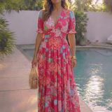 Ione | Rochie Maxi Florală cu Decolteu în V și Mânecă Scurtă