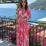 Ione | Rochie Maxi Florală cu Decolteu în V și Mânecă Scurtă