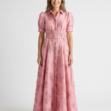 Xanthea | Rochie Maxi tip Cămașă, Florală, Texturată, cu Mânecă Scurtă și Curea