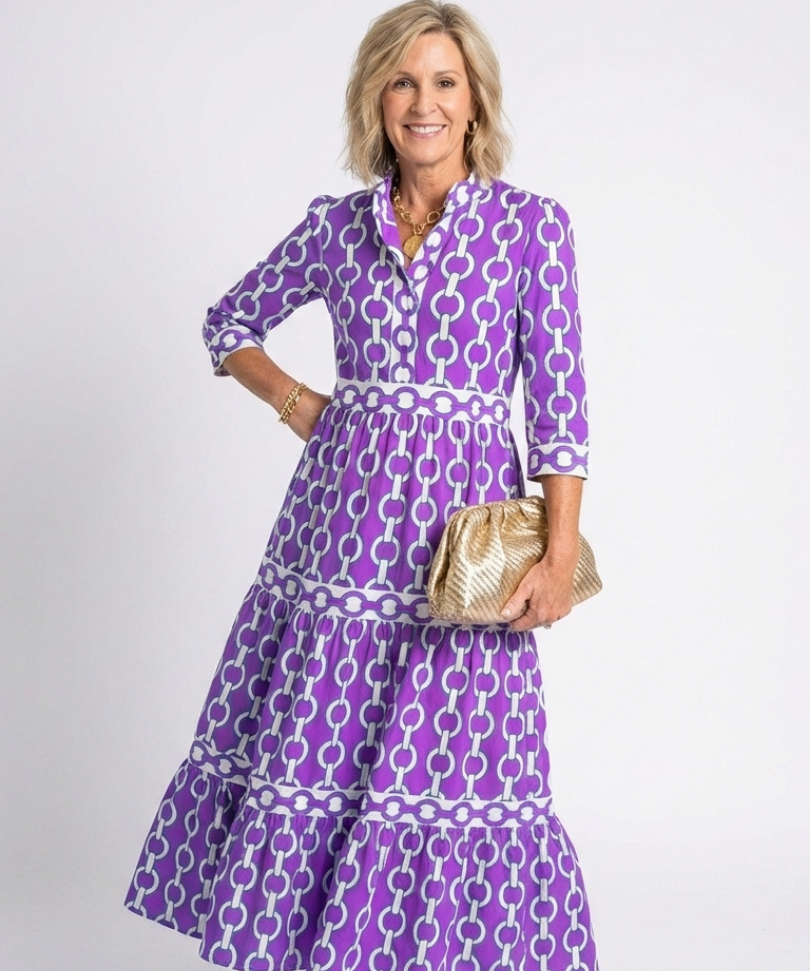 Ysolde | Three Quarter Sleeve Chain Pattern Midi Dress