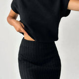 Set Asortat: Top Tricotat Gros și Fustă Midi Tricotată cu Talie Înaltă