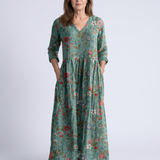 Marina | Rochie Maxi Florală cu Decolteu în V și Mânecă Trei Pătrimi
