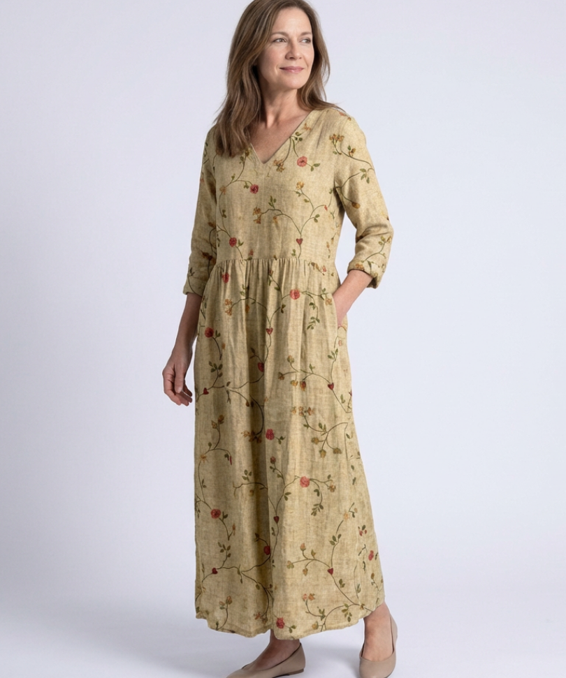 Marina | Rochie Maxi Florală cu Decolteu în V și Mânecă Trei Pătrimi