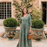Marina | Rochie Maxi Florală cu Decolteu în V și Mânecă Trei Pătrimi