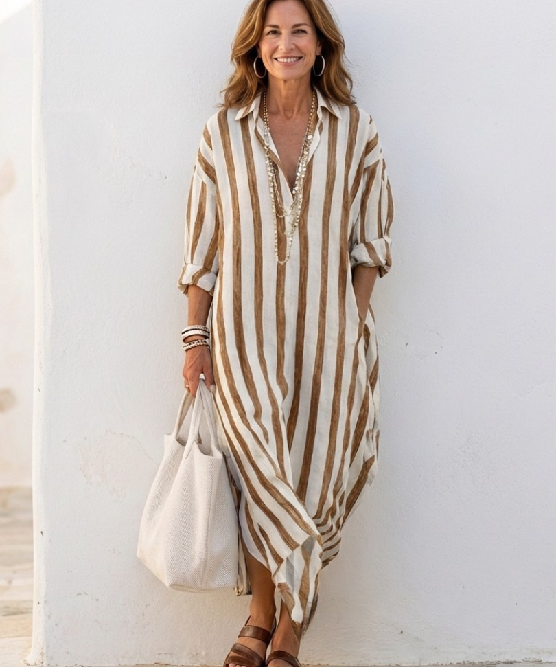 Naomi | Rochie midi cu mânecă lungă și dungi