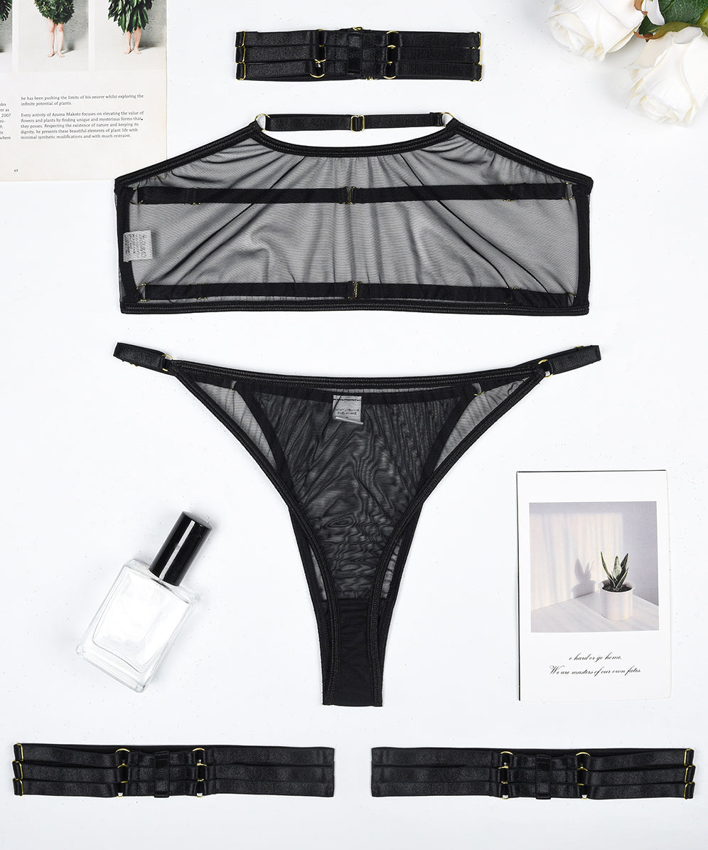 Eline™ | Set de Lenjerie din Mesh Transparent 4 Piese cu Sutien & Funda