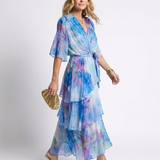 Calista | Rochie Maxi cu Straturi Transparente, Decolteu în V și Talie cu Legătură