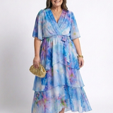 Calista | Rochie Maxi cu Straturi Transparente, Decolteu în V și Talie cu Legătură
