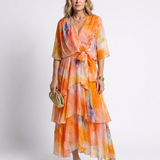 Calista | Rochie Maxi cu Straturi Transparente, Decolteu în V și Talie cu Legătură
