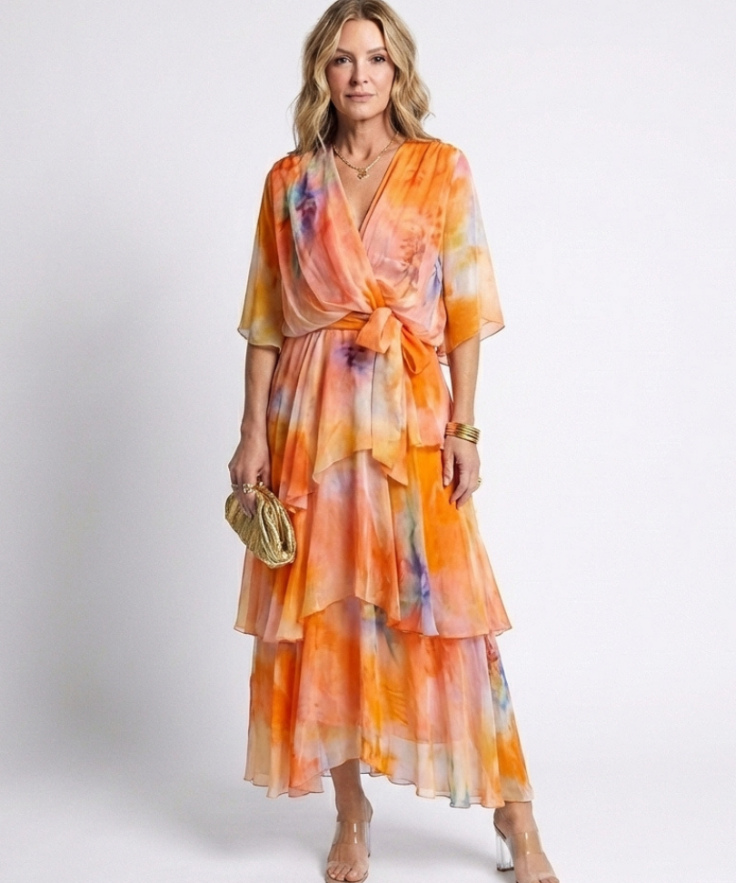 Calista | Rochie Maxi cu Straturi Transparente, Decolteu în V și Talie cu Legătură