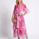 Calista | Rochie Maxi cu Straturi Transparente, Decolteu în V și Talie cu Legătură