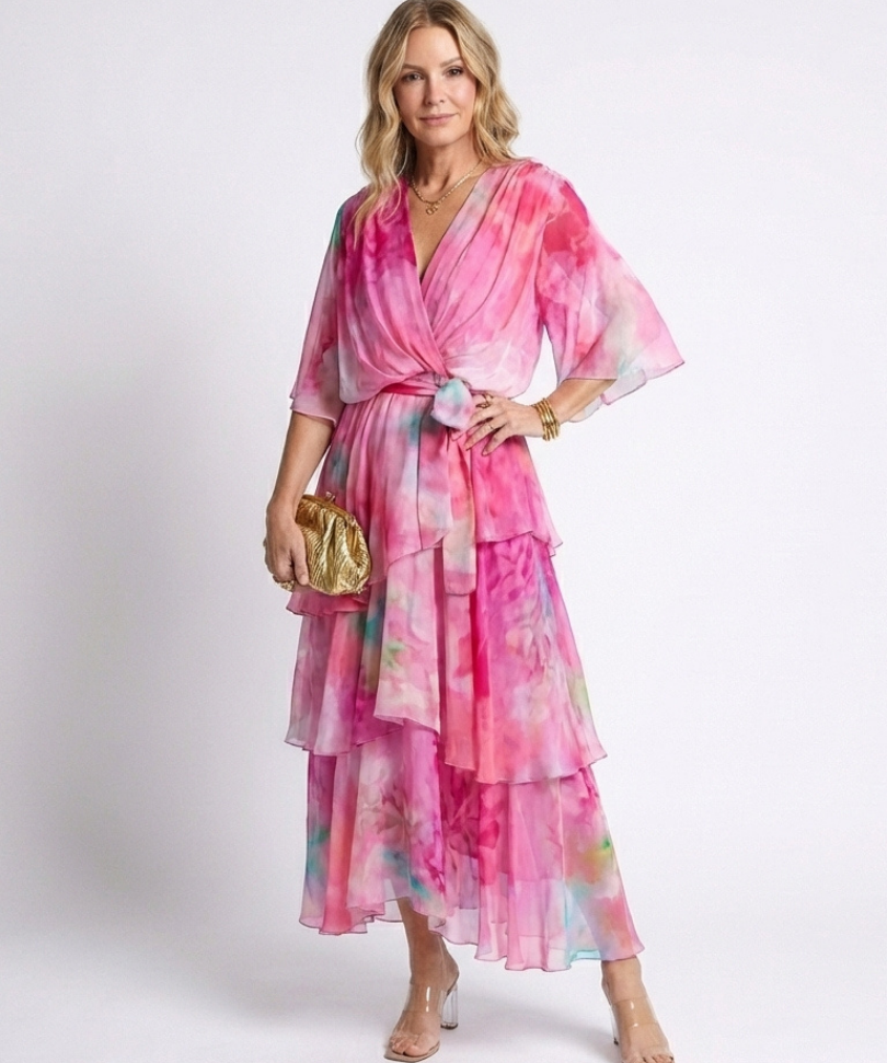 Calista | Rochie Maxi cu Straturi Transparente, Decolteu în V și Talie cu Legătură