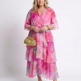 Calista | Rochie Maxi cu Straturi Transparente, Decolteu în V și Talie cu Legătură