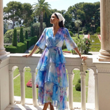 Calista | Rochie Maxi cu Straturi Transparente, Decolteu în V și Talie cu Legătură