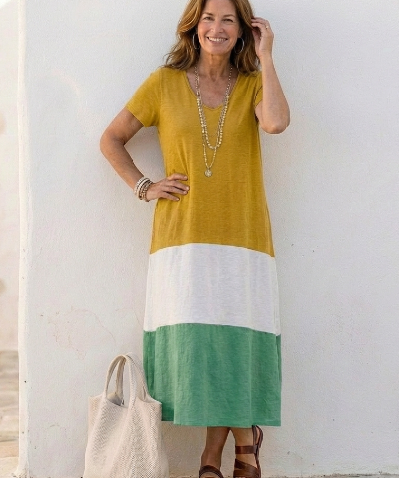 Thalia | Rochie midi cu mânecă scurtă și decolteu în V, în culori contrastante