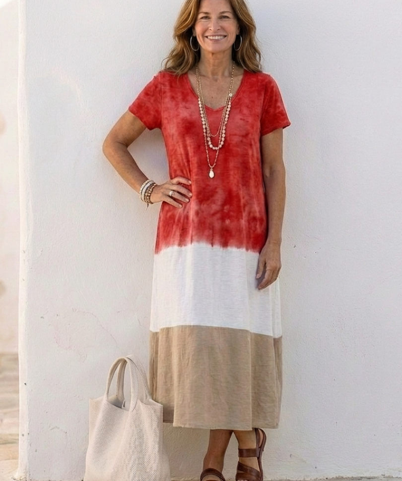 Thalia | Rochie midi cu mânecă scurtă și decolteu în V, în culori contrastante