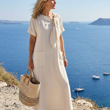 Elowyn | Rochie maxi cu guler rotund, mâneci scurte și buzunar