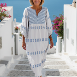 Evadne | Rochie maxi brodată cu decolteu în V și mâneci lungi