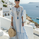 Ione | Rochie maxi cu guler rotund, mâneci scurte și dungi