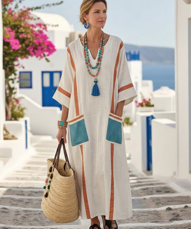 Noemi | Rochie maxi cu decolteu în V, mâneci 3/4 și buzunare