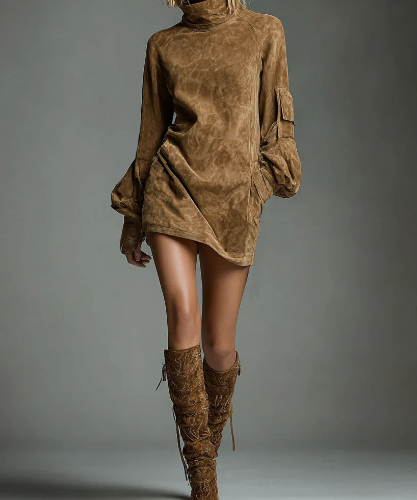 Sara | Rochie mini lejeră din suede cu guler înalt