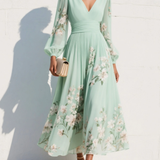 Florina | Rochie midi verde deschis cu decolteu plisat în formă de V din șifon