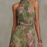 Florencia | Vestido Maxi Halter de Chifón Floral Verde