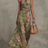 Emilia | Rochie maxi din șifon verde cu flori, cu bretele