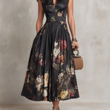 Patricia | Rochie Midi Satinată Neagră cu Model Floral și Plisaje