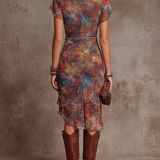 Judy | Rochie Midi Plisată cu Imprimeu Abstract Boem și Decolteu în V