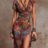 Judy | Rochie Midi Plisată cu Imprimeu Abstract Boem și Decolteu în V