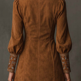 Amalia | Rochie mini vintage maro din suede cu decolteu în V și broderie