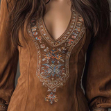 Amalia | Rochie mini vintage maro din suede cu decolteu în V și broderie