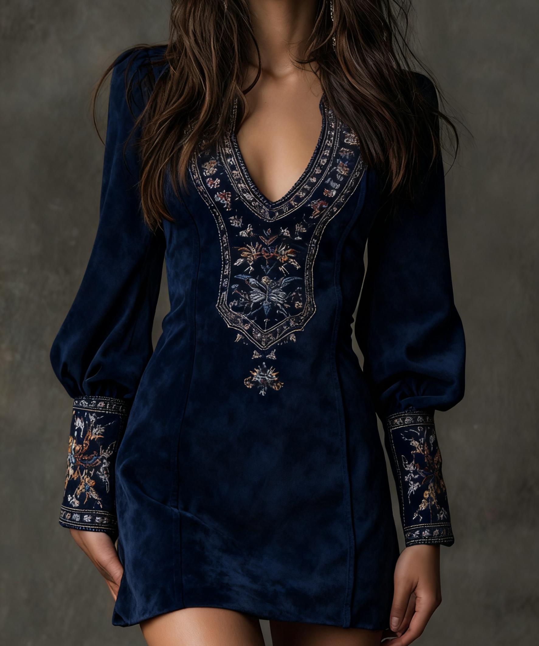 Amalia | Rochie mini vintage maro din suede cu decolteu în V și broderie