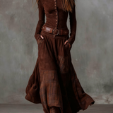 Lorena | Rochie lungă vintage din ante cu carouri bleumarin (include curea)