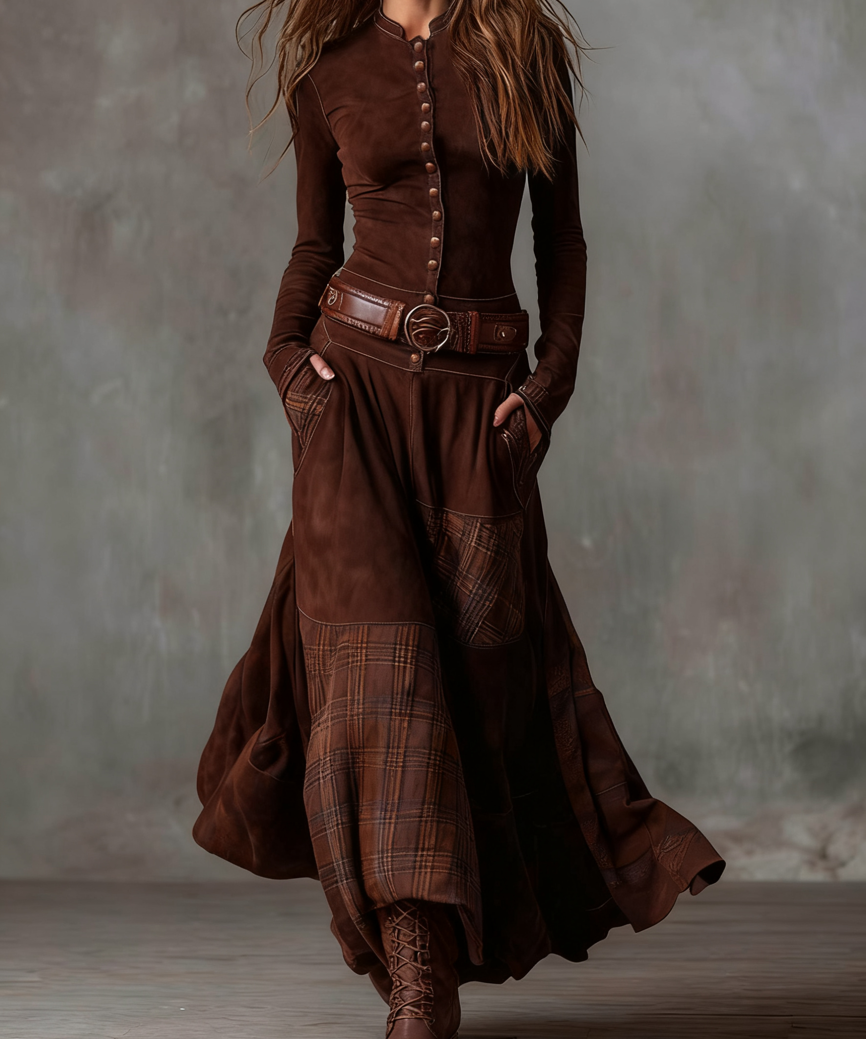 Lorena | Rochie lungă vintage din ante cu carouri bleumarin (include curea)