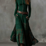 Lorena | Rochie lungă vintage din ante cu carouri bleumarin (include curea)