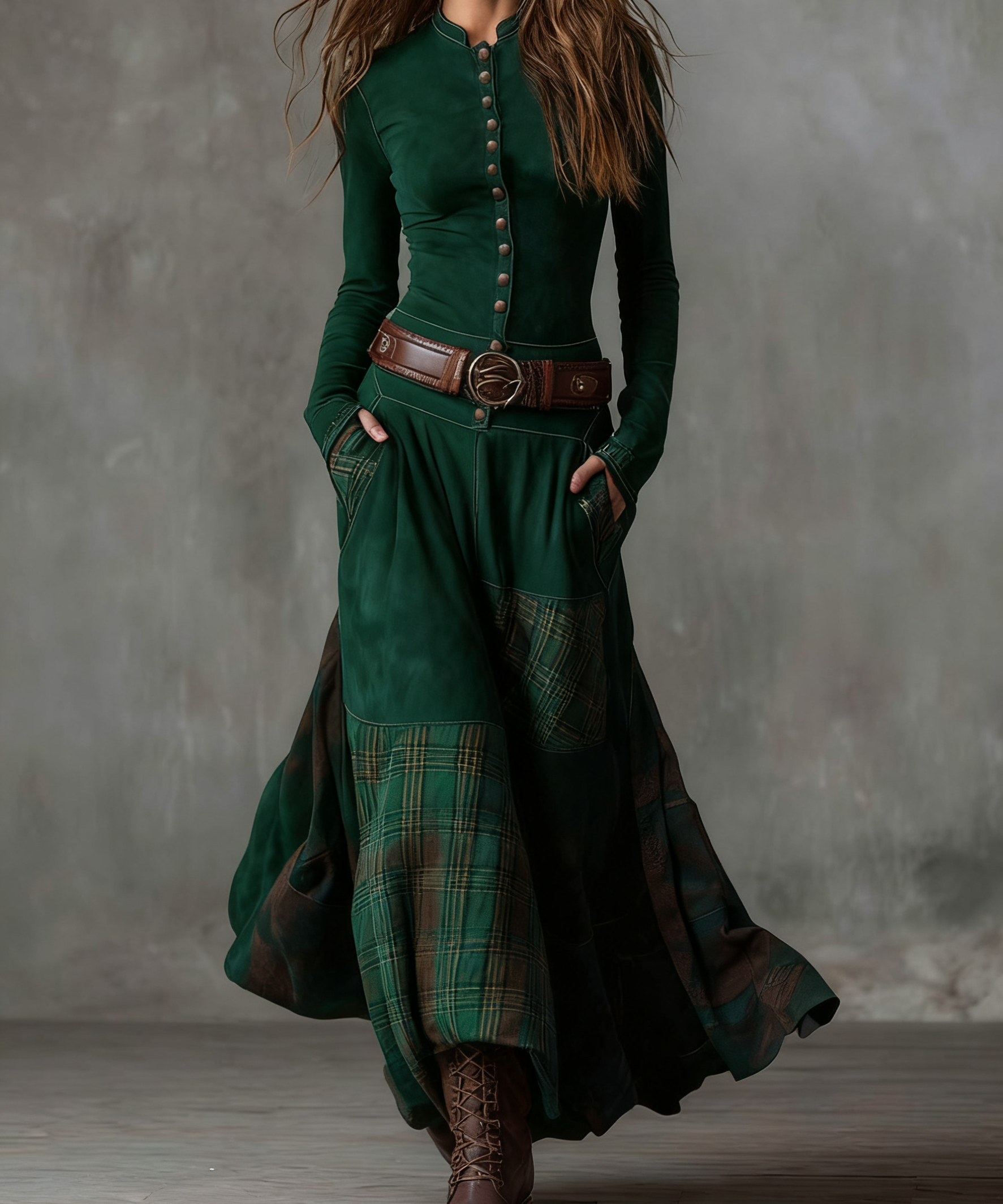 Lorena | Rochie lungă vintage din ante cu carouri bleumarin (include curea)