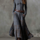 Lorena | Rochie lungă vintage din ante cu carouri bleumarin (include curea)