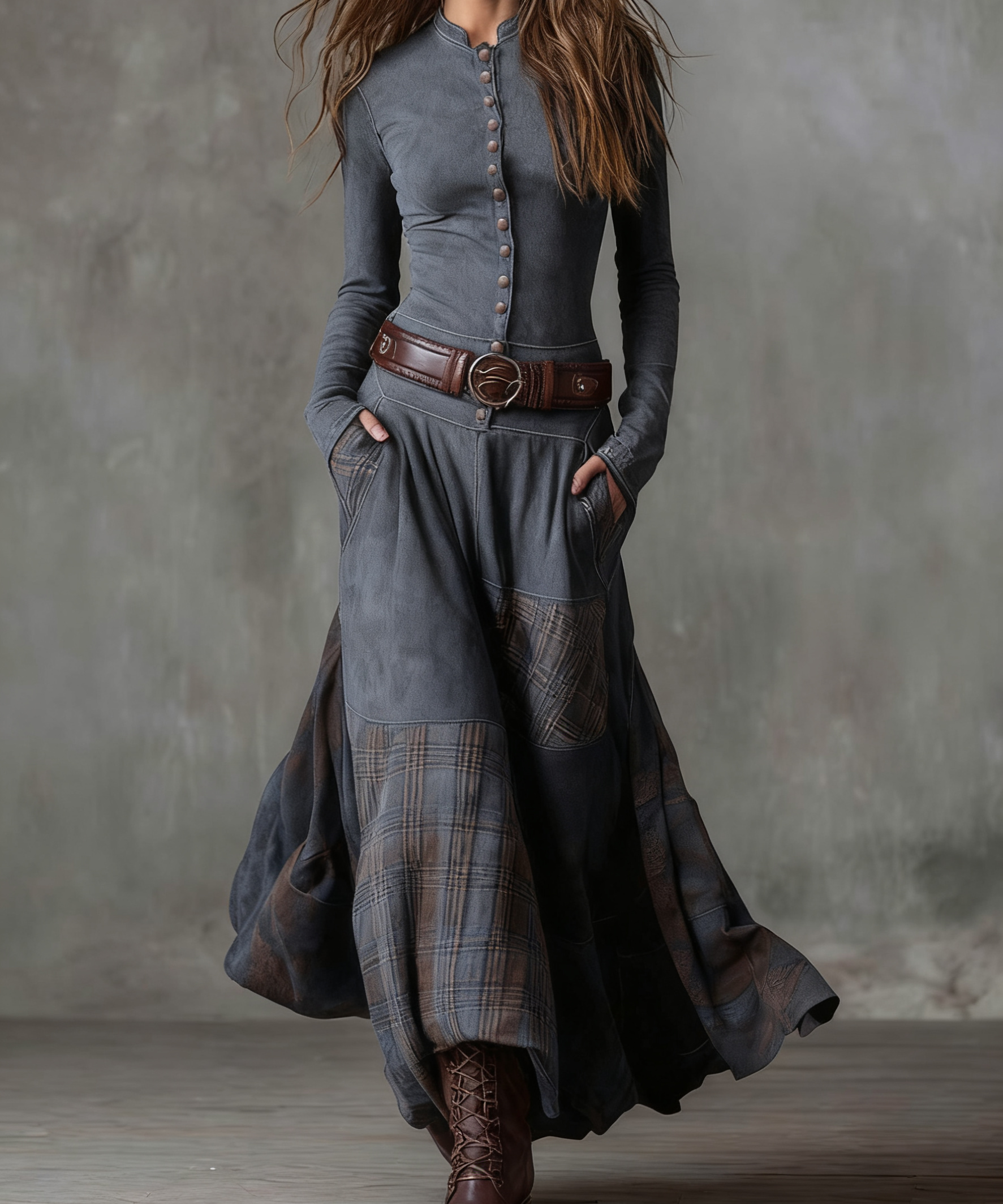 Lorena | Rochie lungă vintage din ante cu carouri bleumarin (include curea)